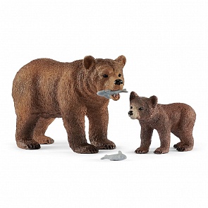 Фигурки - Самка медведя гризли с детенышем (Schleich, 42473)